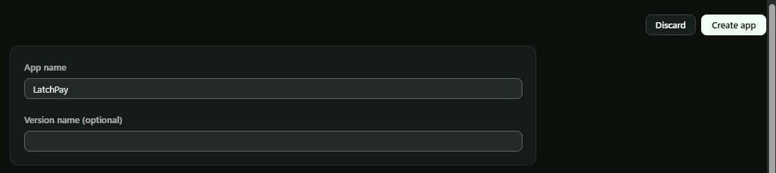 The Shopify Dev Dashboard "Create app" dialog with the app name filled in as LatchPay.