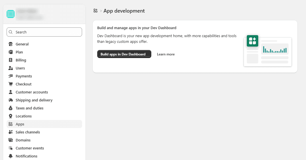 Shopify admin, Settings, Apps and sales channels, with the Develop apps page and its "Build apps in Dev Dashboard" button.