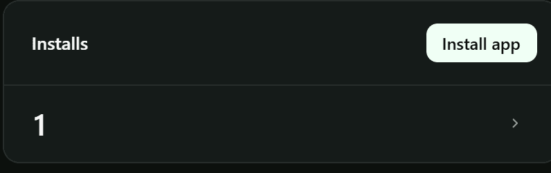 The Dev Dashboard Installs card for the app, with the "Install app" button.